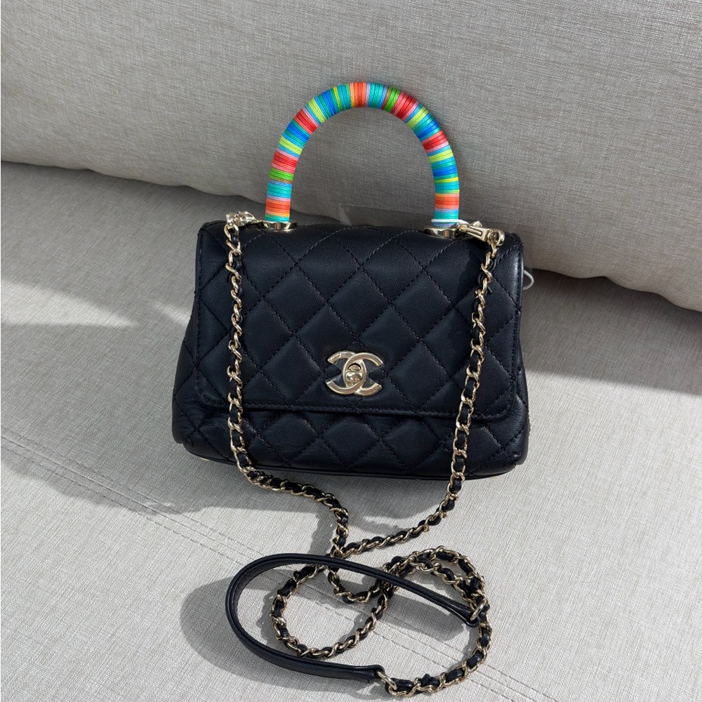 CHANEL Black Lambskin Extra Mini Top Handle Flap Multicolor Handle GHW